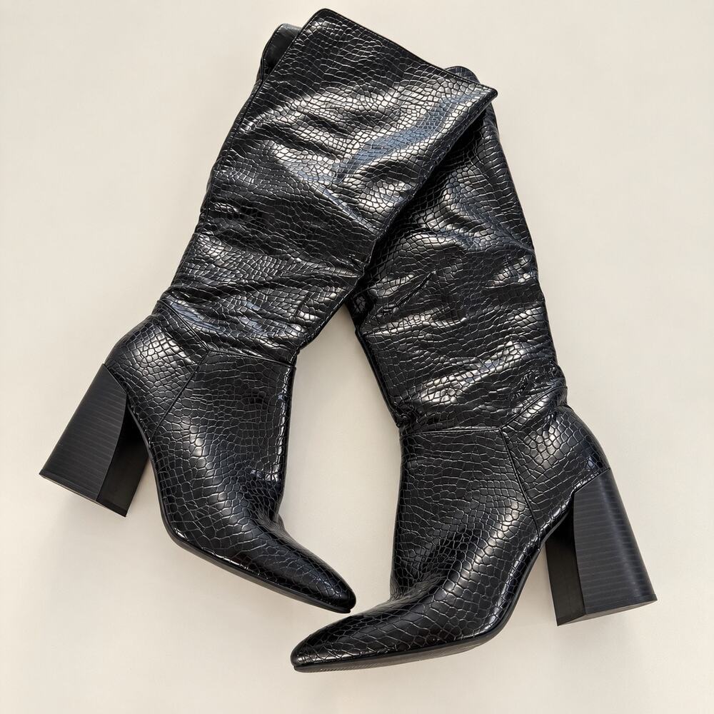 Forever 21 Women’s Black Croc Embossed Knee-High Boots